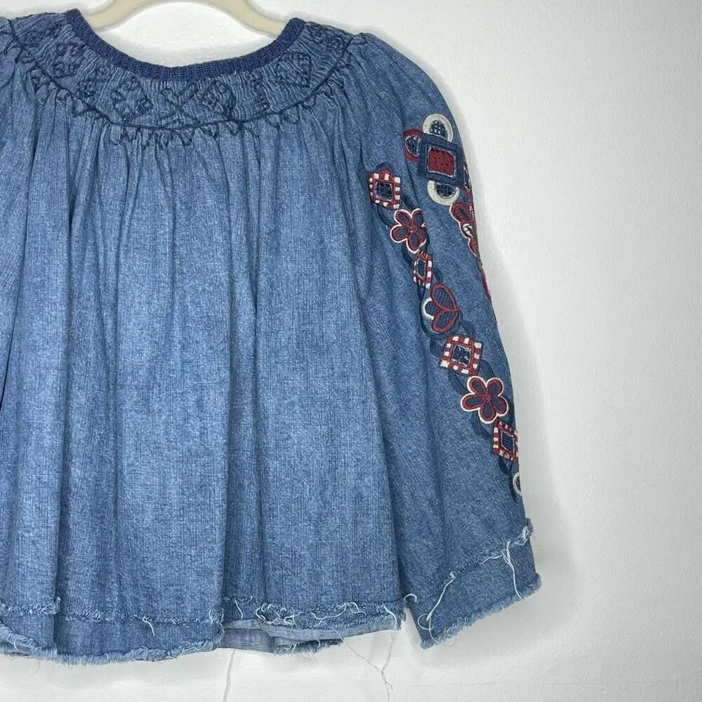 Free People Sun Valley Embroidered Denim Blouse Boho Top Women’s Size Small - Picture 6 of 10